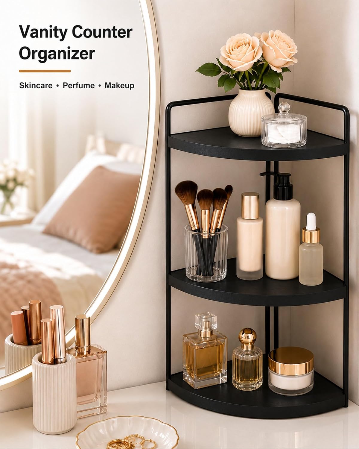 3-Tier Corner Bathroom Counter Organizer, Solid Pine Vanity Shelf, Black