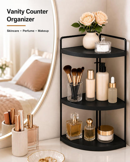 3-Tier Corner Bathroom Counter Organizer, Solid Pine Vanity Shelf, Black