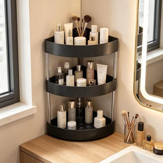 3-Tier Corner Bathroom Counter Organizer, Triangular Vanity Makeup and Skincare Shelf, Lightweight Plastic Perfume Organizer Stand, Countertop Storage Rack for Kitchen Spices (Black)