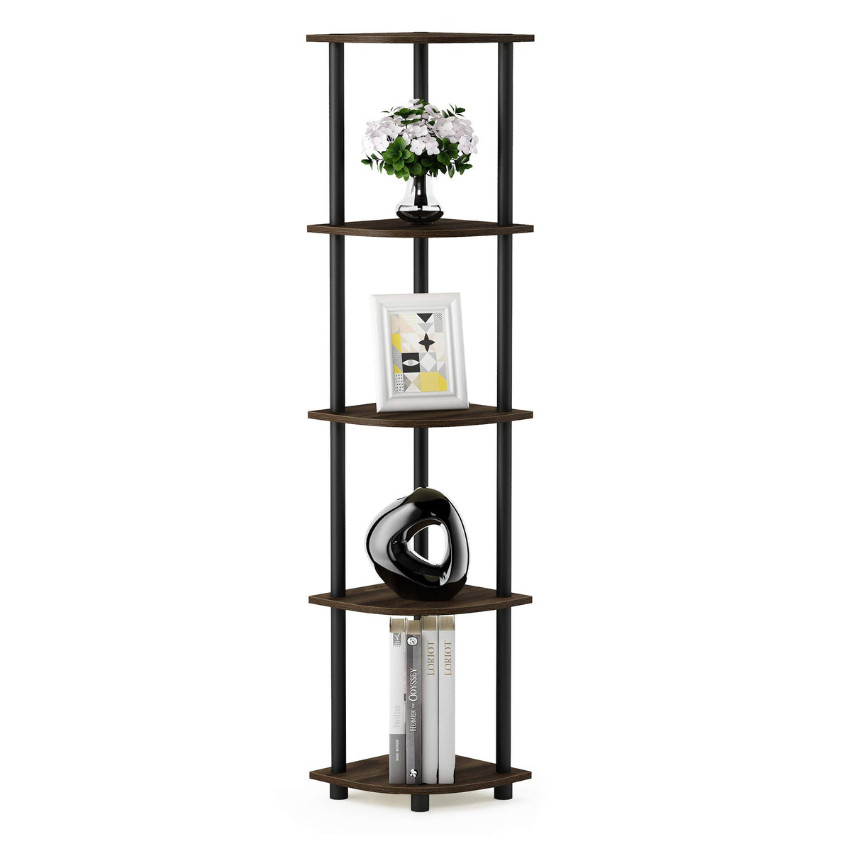 Furinno TURN-N-TUBE Corner Shelf, 5-Tier Corner Bookshelf, Open Storage Shelves, for Organization and Storage, Living Room, Home Office, Garage, Bedroom, Espresso