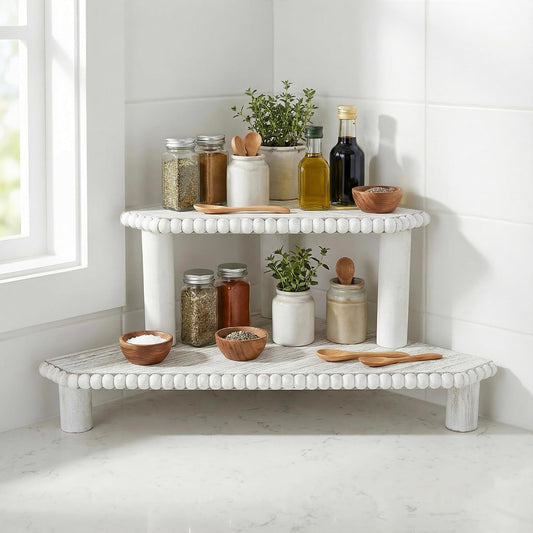 2-Tier Rustic Corner Shelf for Kitchen Counter,Wood Beaded Farmhouse Countertop Organizer with Removable Feet, Stackable Bathroom Vanity & Coffee Bar Decorative Riser Stand(Rustic White)