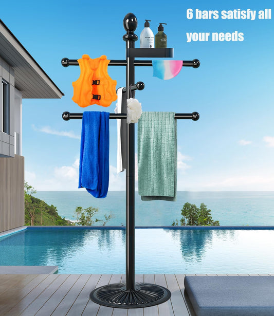 Yozoluck Pool Towel Rack Outdoor, 6 Bars Metal Heavy Duty Never Tilt Pool Accessories with Heavy Metal Base, Hot Tub Accessories Towel Dying Rack Towel Stand for Pool, Spa