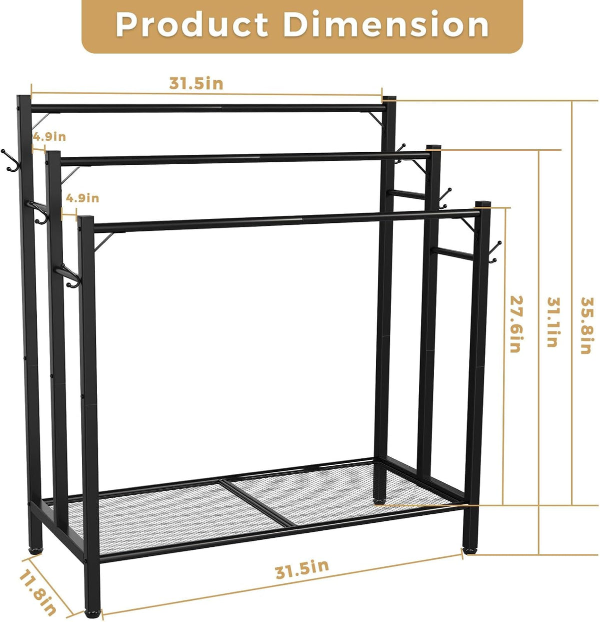 HavenlyYouth 3 Tier Towel Rack with Large Storage & 6 Hooks, Blanket Rack for Oversized Bath Towels, Free Standing Pool Towel Rack Stand for Bathroom Pool Indoor/Outdoor, 35.8" H x 31.5" L x 11.8" W