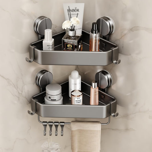Mustorn Suction Cup Shower Caddy Corner, 2 Pack Suction Corner Shower Shelves No Drilling, Rustproof Shower Organizer Suction Cup with Towel Holder & Hooks Removable Bathroom Storage Rack(Gray)