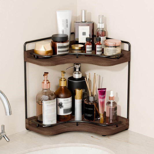 2-Tier Corner Bathroom Counter Organizer for Storage, Dark Brown