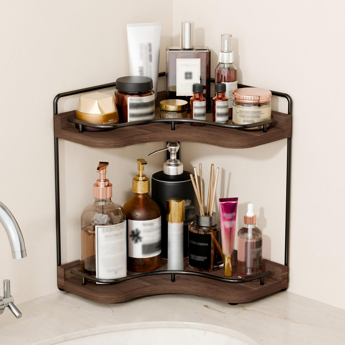 2-Tier Corner Bathroom Counter Organizer for Storage, Dark Brown