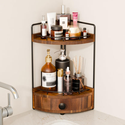 2-Tier Corner Bathroom Counter Organizer with Drawer, Dark Brown