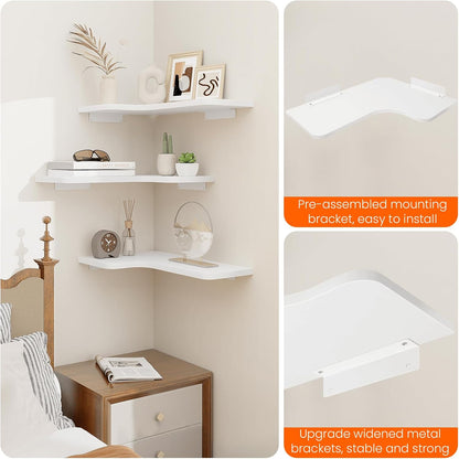 Homode Corner Floating Shelves, Set of 3 Corner Wall Shelves with Wire Hole, L-Shaped Wood Hanging Storage Shelf for Wall Decor, for Bathroom Kitchen Bedroom, White