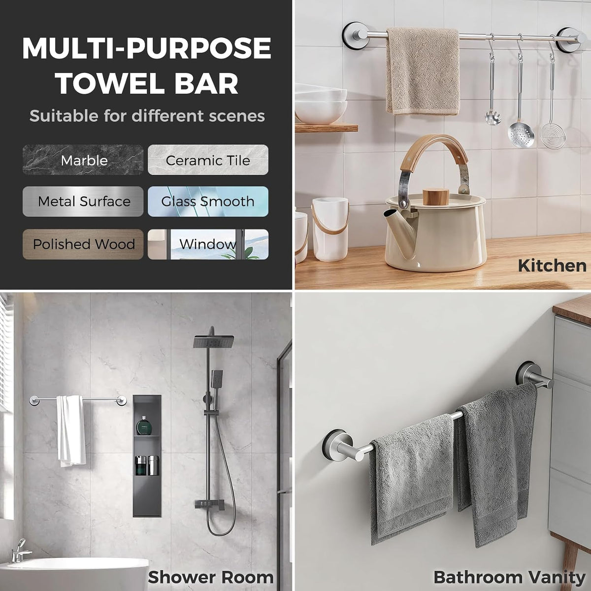 Adjustable Suction Cup Towel Bar for Bathroom Wall,14.6Inch~24 Inch Towel Racks for Bathroom,Stainless Steel Bath Towel Holder for Shower(Brushed Silver)