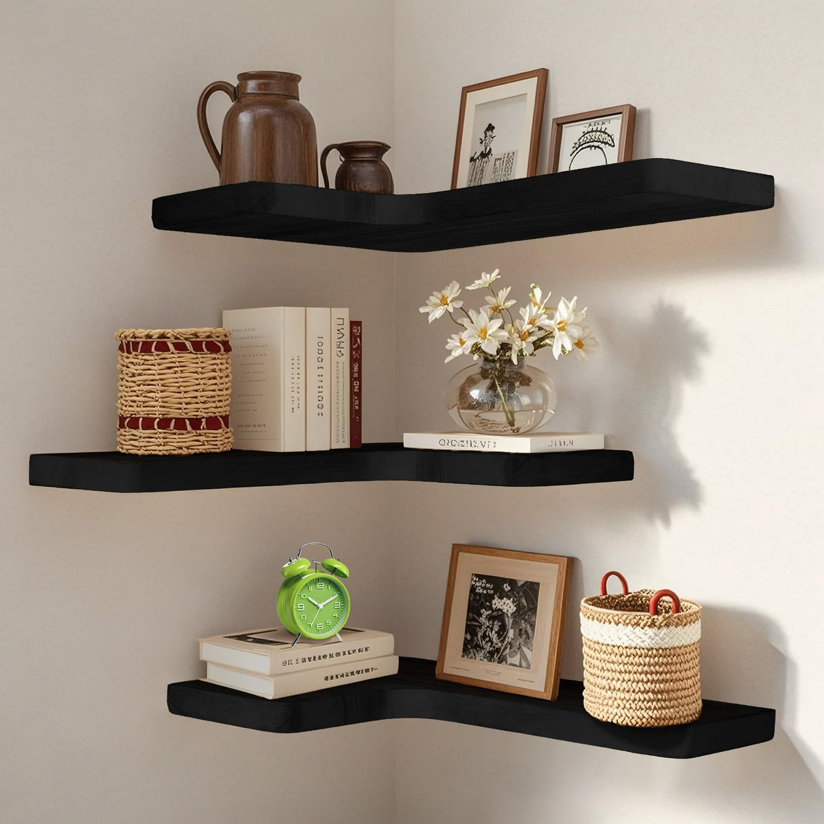 Floating Corner Shelves Set of 3, Solid Wood Picture Wall Shelf, Floating Shelves for Storage for Bedroom Kitchen Bathroom Living Room (Light Burnt)