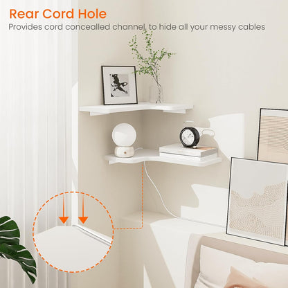 Homode Corner Floating Shelves, Set of 3 Corner Wall Shelves with Wire Hole, L-Shaped Wood Hanging Storage Shelf for Wall Decor, for Bathroom Kitchen Bedroom, White