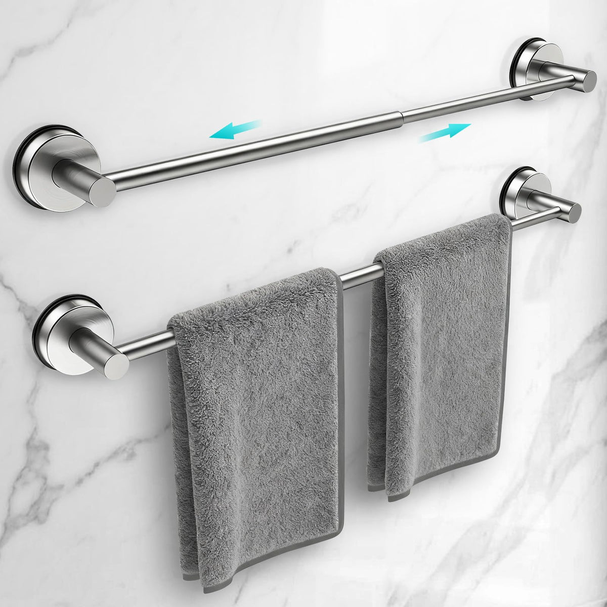 Adjustable Suction Cup Towel Bar for Bathroom Wall,14.6Inch~24 Inch Towel Racks for Bathroom,Stainless Steel Bath Towel Holder for Shower(Brushed Silver)