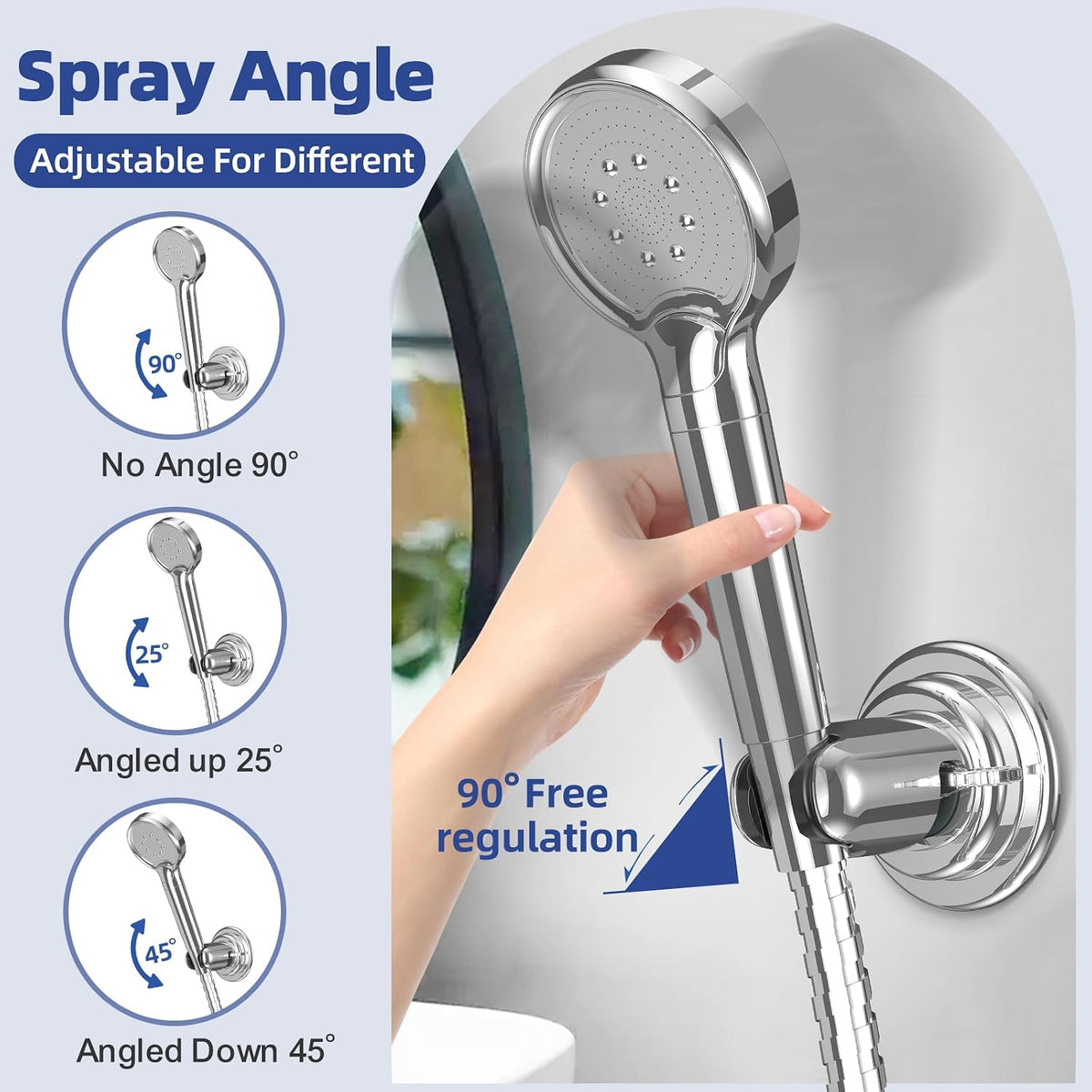 Shower Head Holder Wall Mount: Handheld Suction Cup Shower Holder, Adjustable No Drill Bathroom Wall Mount for Tile/Glass (Chrome)