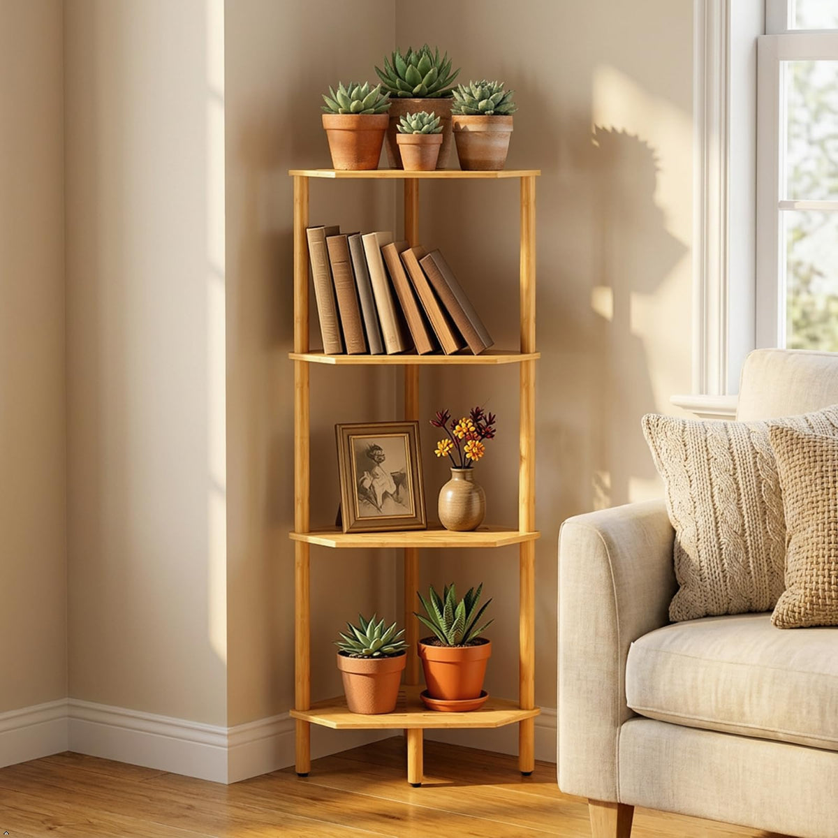 3 Tier Bamboo Corner Shelf, Storage Stand with Adjustable Feet, Small Spaces Corner Bookshelf, Plant Stand, Space-Saving Organizer Shelves, Small Corner Table for Bathroom Kitchen Living Room