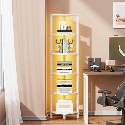 TUTOTAK Corner Shelf with LED Light, 6-Tier Corner Bookshelf