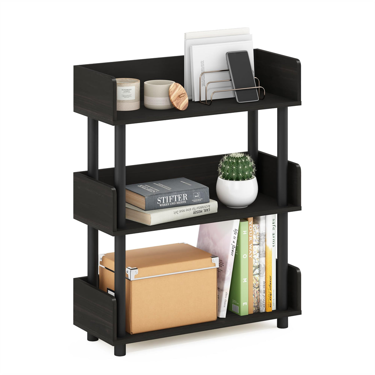 Furinno TURN-N-TUBE Corner Shelf, 5-Tier Corner Bookshelf, Open Storage Shelves, for Organization and Storage, Living Room, Home Office, Garage, Bedroom, Espresso