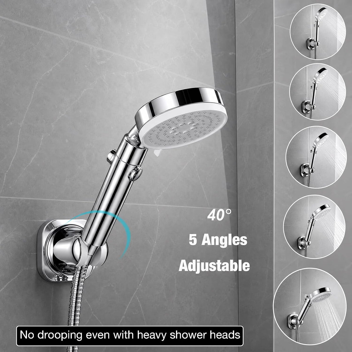 Handheld Shower Head Holder - 5 Angles Adjustable - Concealed Adhesive Mount with Screw Option - Wall Mount Shower Wand Holder