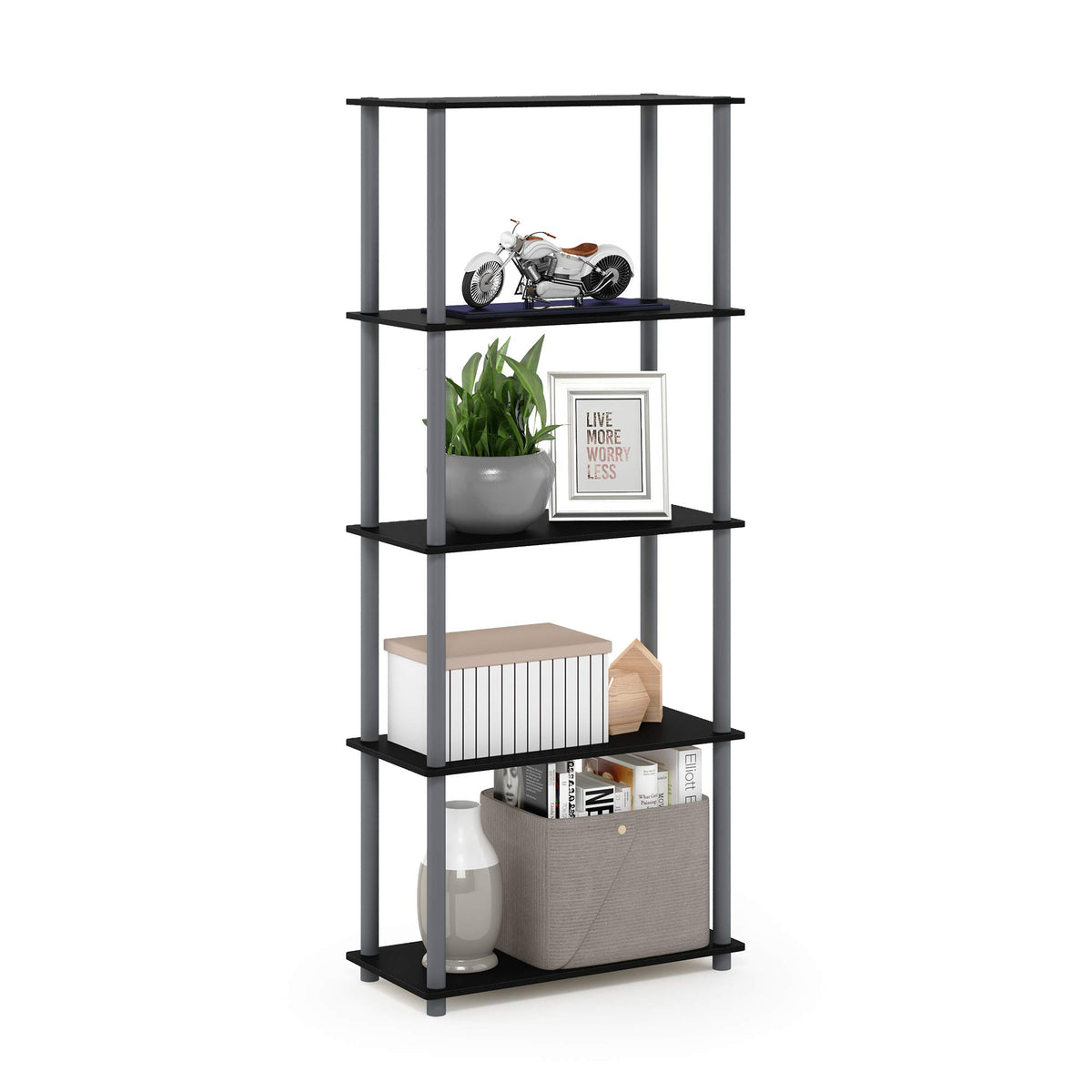 Furinno TURN-N-TUBE Corner Shelf, 5-Tier Corner Bookshelf, Open Storage Shelves, for Organization and Storage, Living Room, Home Office, Garage, Bedroom, Espresso
