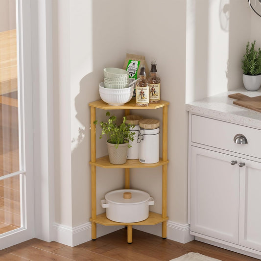 3 Tier Bamboo Corner Shelf, Storage Stand with Adjustable Feet, Small Spaces Corner Bookshelf, Plant Stand, Space-Saving Organizer Shelves, Small Corner Table for Bathroom Kitchen Living Room