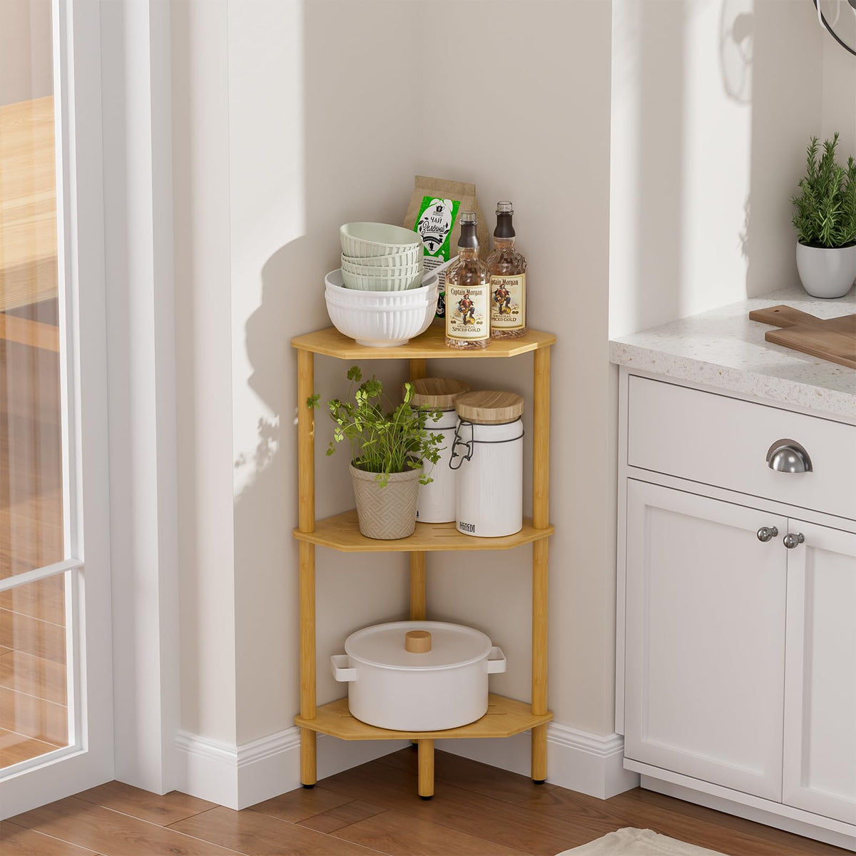 3 Tier Bamboo Corner Shelf, Storage Stand with Adjustable Feet, Small Spaces Corner Bookshelf, Plant Stand, Space-Saving Organizer Shelves, Small Corner Table for Bathroom Kitchen Living Room