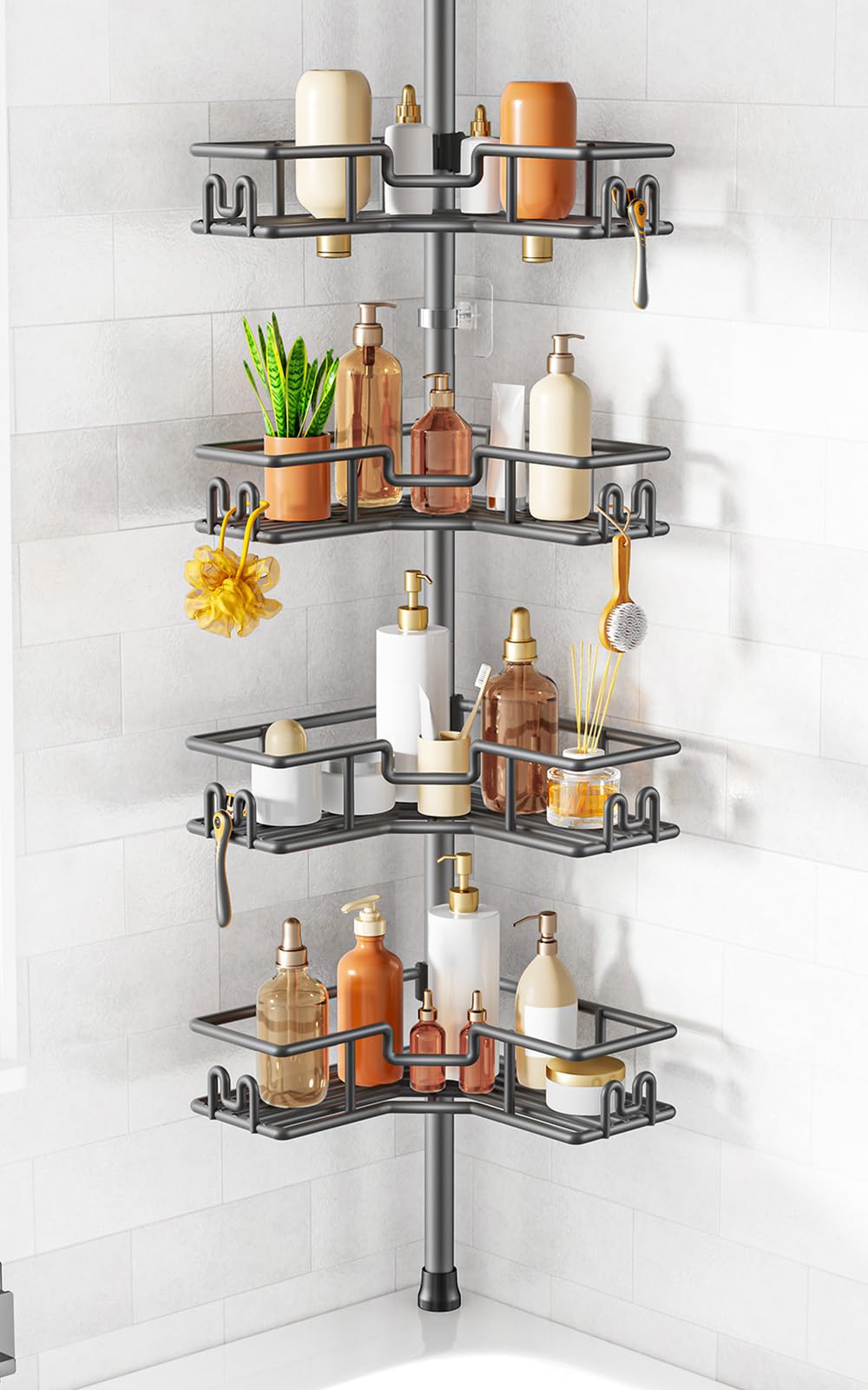 HAMITOR Shower Caddy Tension Pole: 4-Tier Adjustable Corner Shelf Black