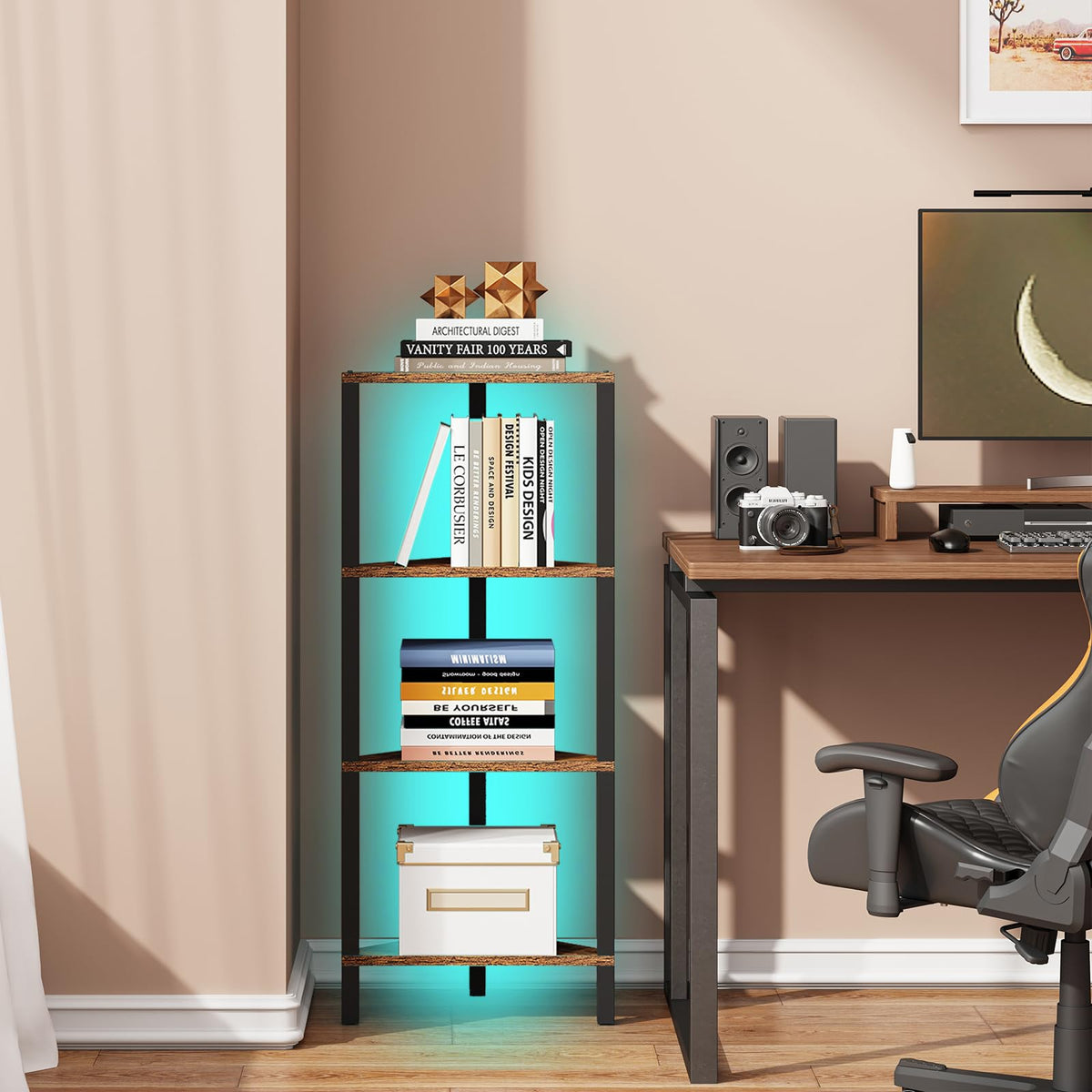 TUTOTAK Corner Shelf with LED Light, 6-Tier Corner Bookshelf
