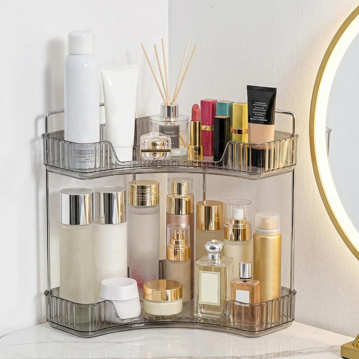 Goderewild Corner Bathroom Counter Organizer, 2-Tier Vanity Tray Shelf