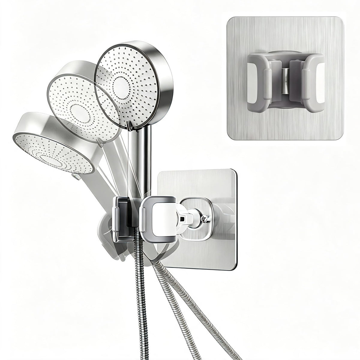 Adjustable Shower Head Holder Adhesive & Drill 2-in-1 with 360° Swivel