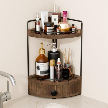 2-Tier Corner Bathroom Counter Organizer with Drawer, Dark Brown