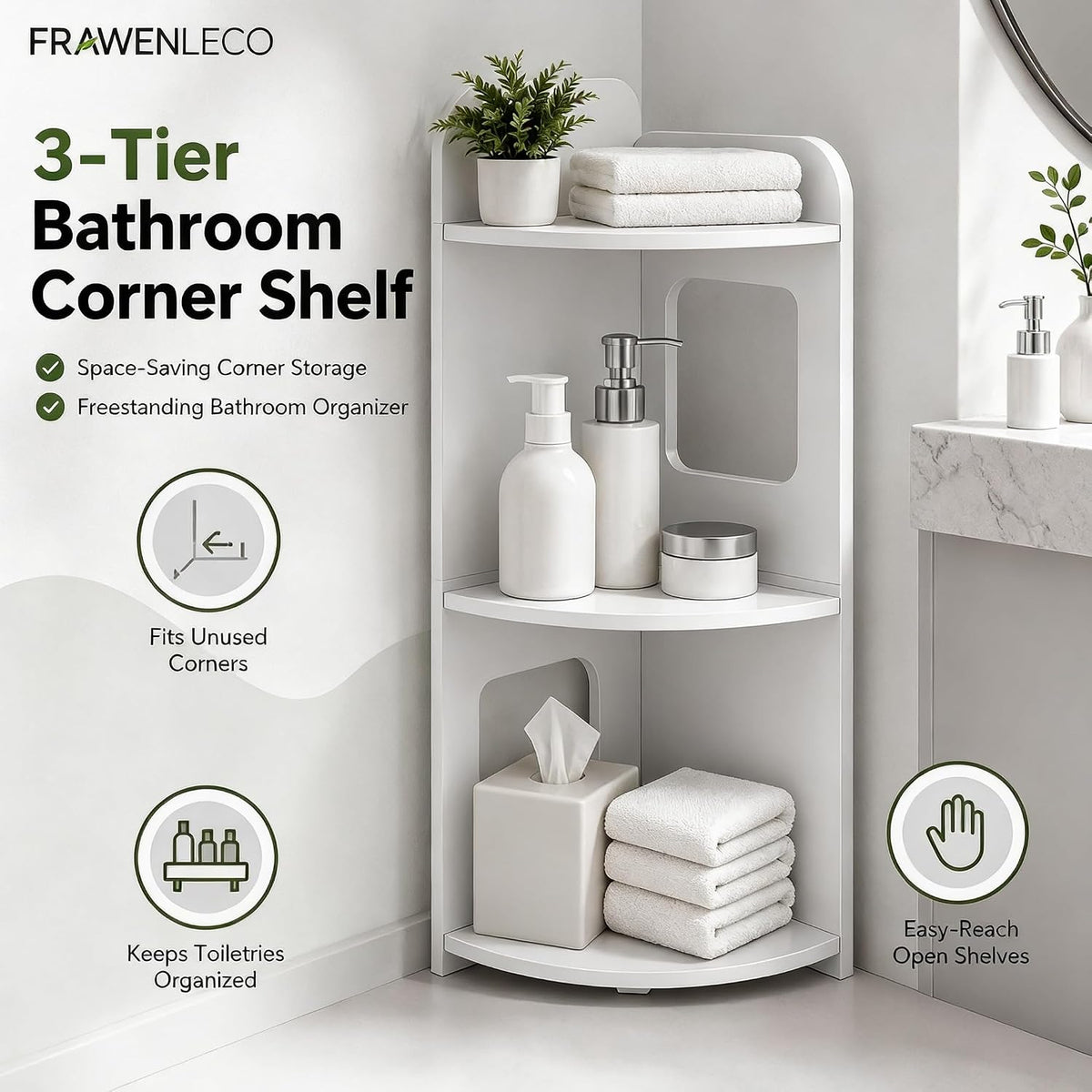 3-Tier Bathroom Corner Shelf, PVC Freestanding Corner Storage Shelf for Bathroom, Toilet, Shower, Kitchen and Small Spaces, Triangle Floor Organizer Rack, White