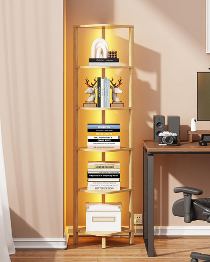 TUTOTAK Corner Shelf with LED Light, 6-Tier Corner Bookshelf