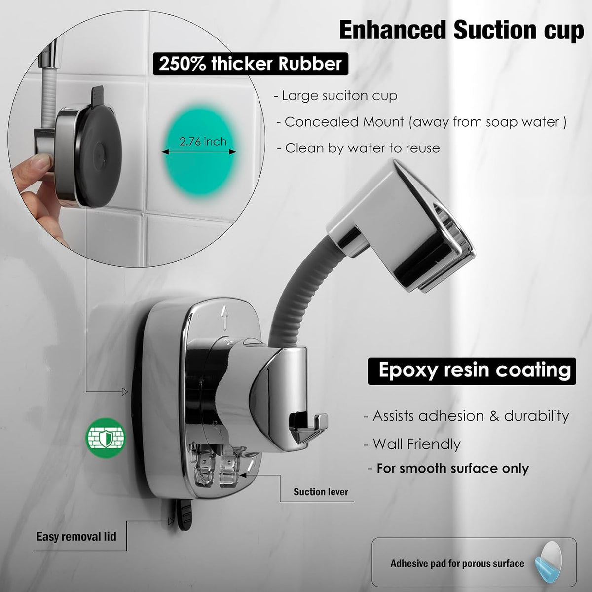 Suction Cup Handheld Shower Head Holder - Reusable - 360 Swivel Adjustable - Wall Mount Shower Wand Holder - ( Chrome Finish)
