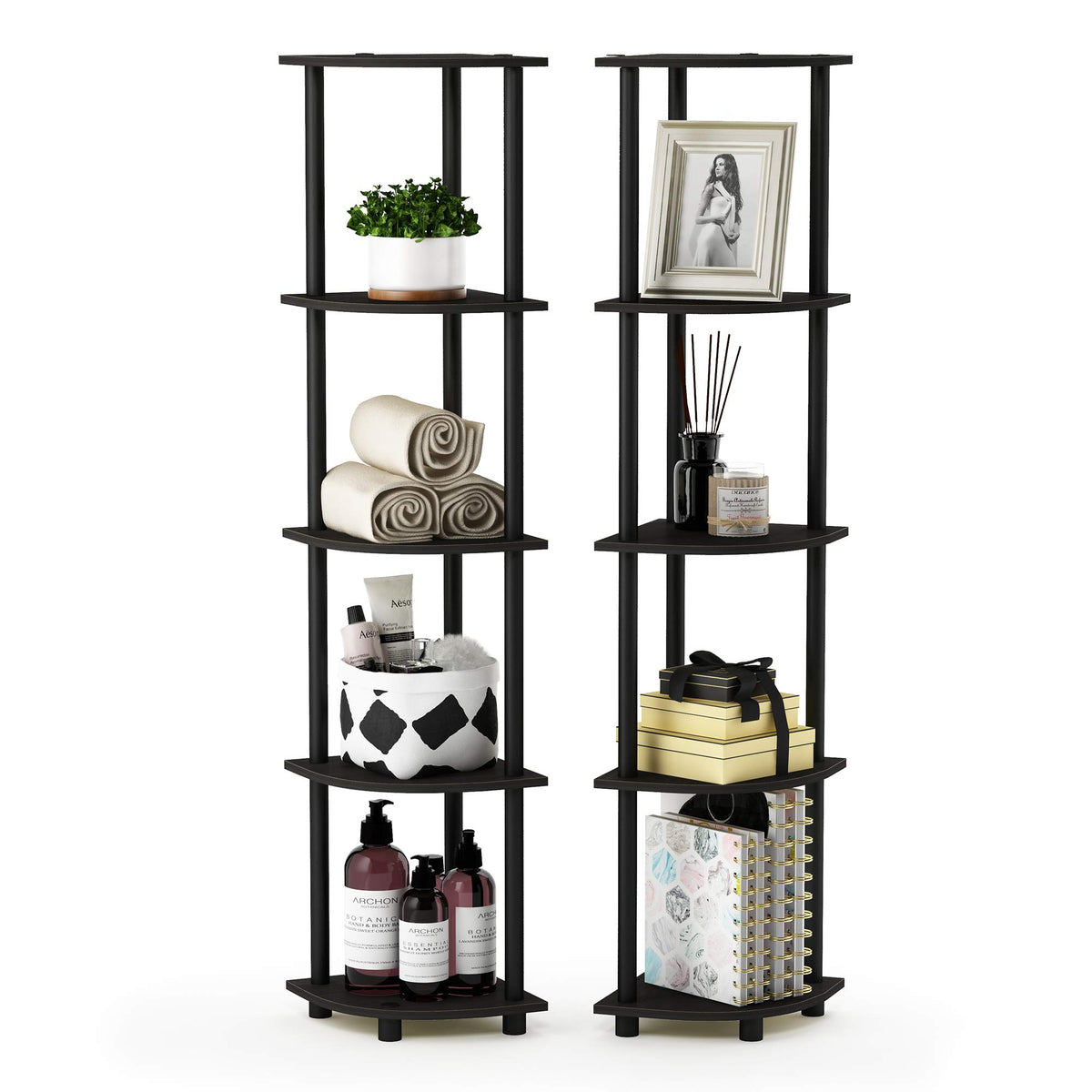 Furinno TURN-N-TUBE Corner Shelf, 5-Tier Corner Bookshelf, Open Storage Shelves, for Organization and Storage, Living Room, Home Office, Garage, Bedroom, Espresso