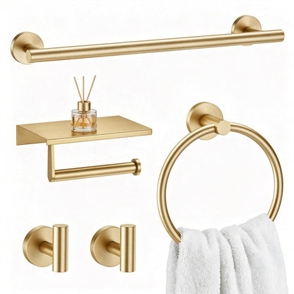 Brushed Nickel 5-Piece Bathroom Hardware Set, 23.6 Inch Towel Bar Set SUS304 Stainless Steel Towel Racks Round Towel Bar, Towel Ring, Toilet Paper Holder, 2 Robe Hooks, Wall Mounted