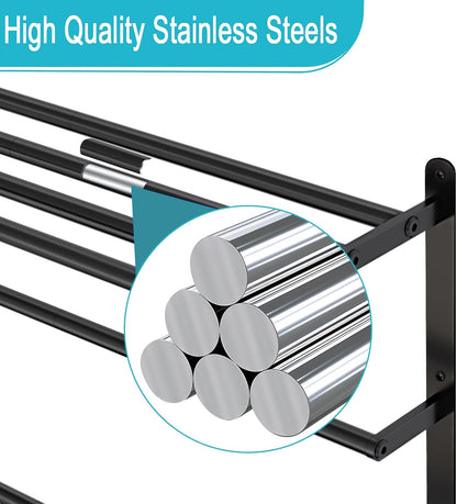 VOTZAAQ Towel Racks for Bathroom, 24 in Black Towel Shelf with Double Towel Bar, 3 Tier Stainless Steel Towel Storage, Bath Towel Holder Wall Mounted for Lavatory Organizer Decor RV Camping