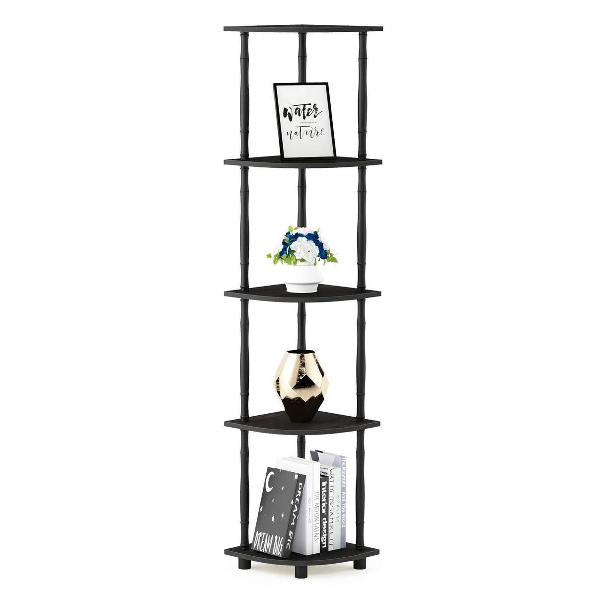 Furinno Turn-N-Tube Corner Shelf, 5-Tier Corner Bookshelf, Open Storage Shelves, for Organization and Storage, Living Room, Home Office, Garage, Bedroom, Black Espresso