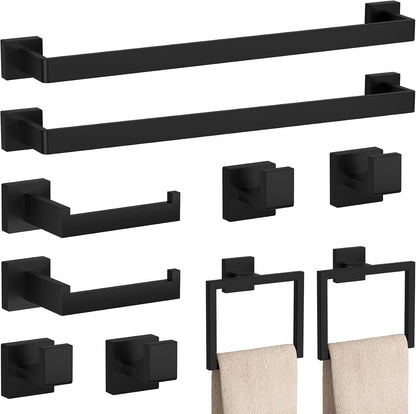 10-Pieces Matte Black Bathroom Accessories Set 23.6 Inch Towel Bar Set.