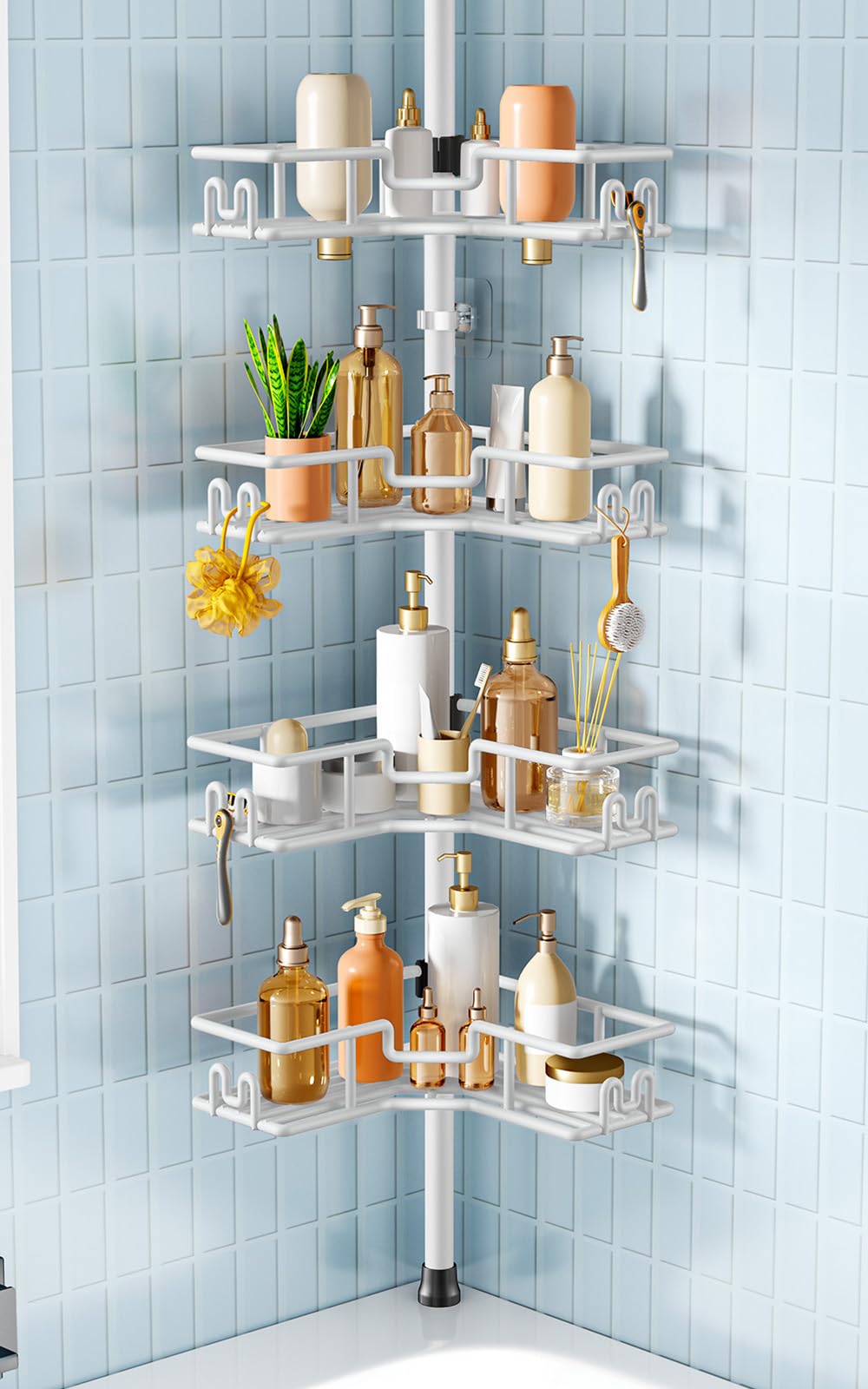 HAMITOR Shower Caddy Tension Pole: 4-Tier Adjustable Corner Shelf Black