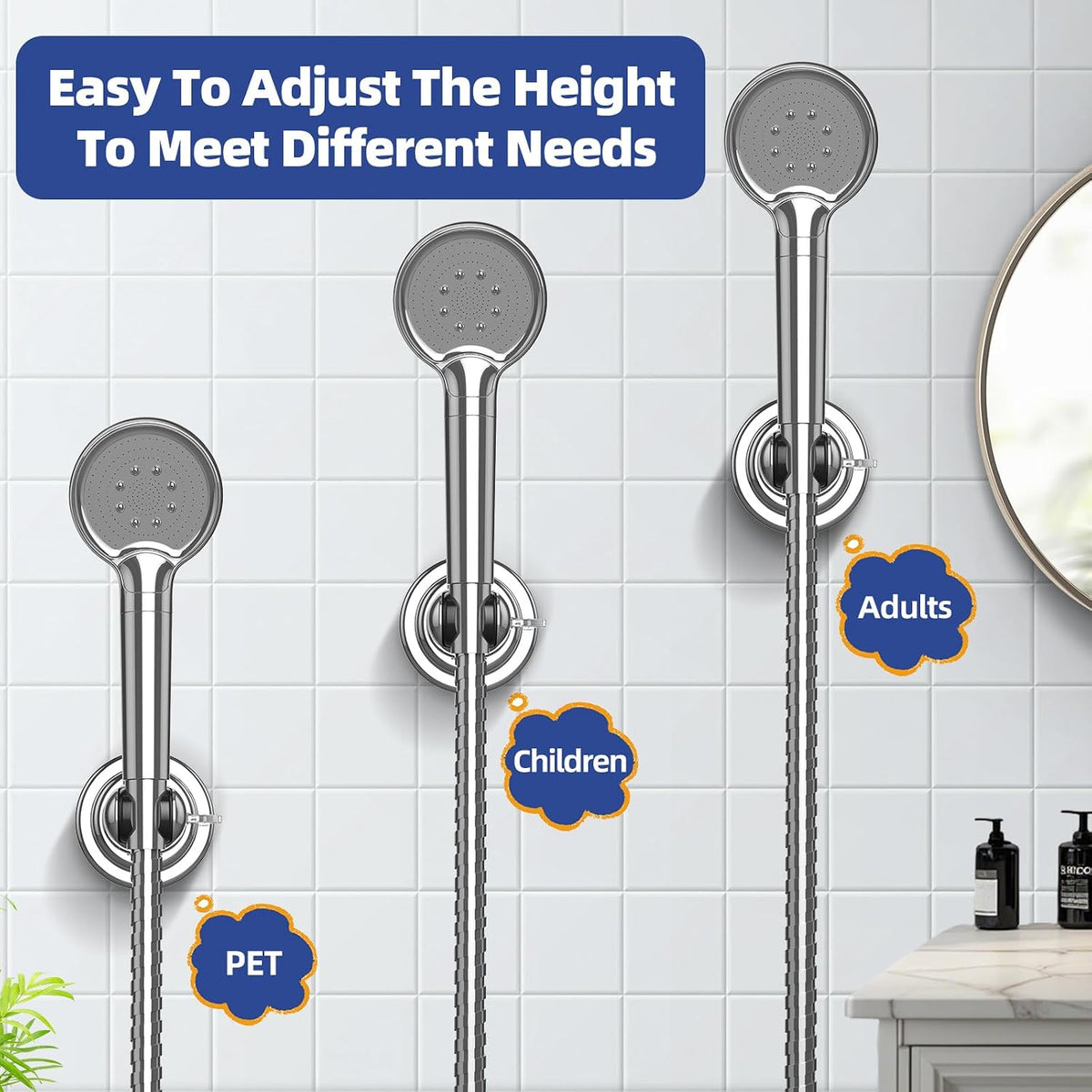 Shower Head Holder Wall Mount: Handheld Suction Cup Shower Holder, Adjustable No Drill Bathroom Wall Mount for Tile/Glass (Chrome)