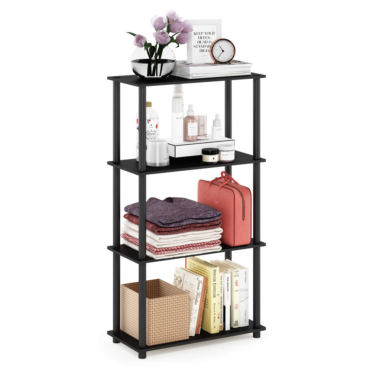 Furinno TURN-N-TUBE Corner Shelf, 5-Tier Corner Bookshelf, Open Storage Shelves, for Organization and Storage, Living Room, Home Office, Garage, Bedroom, Espresso