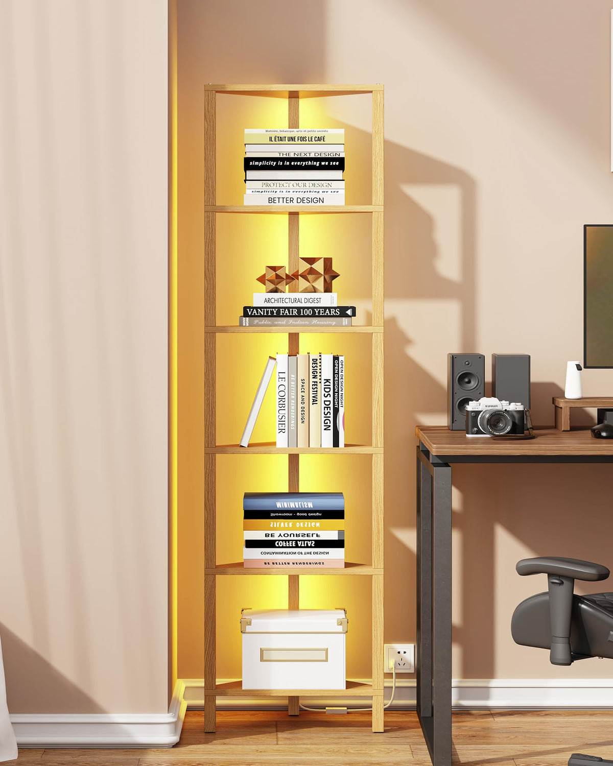 TUTOTAK Corner Shelf with LED Light, 6-Tier Corner Bookshelf