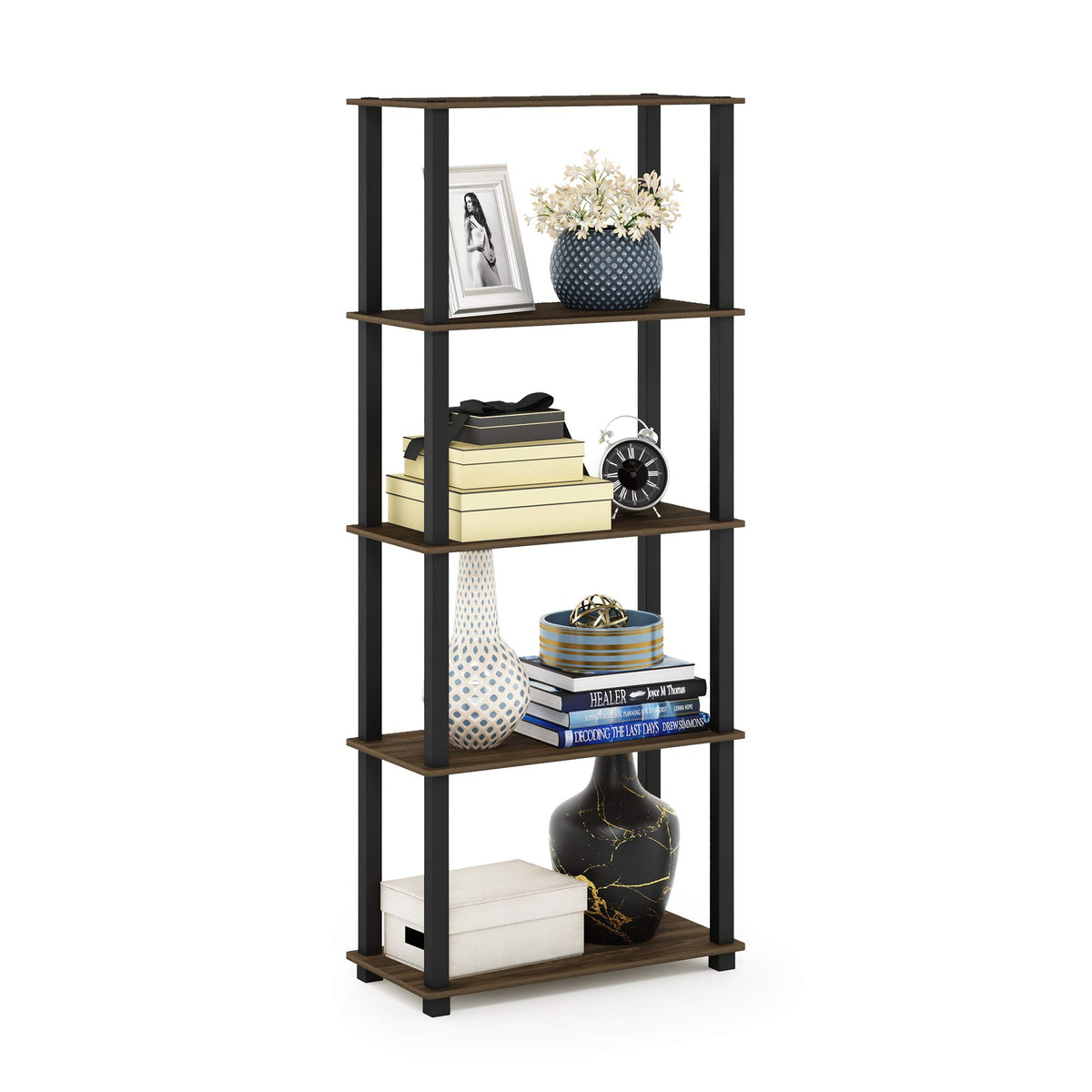 Furinno TURN-N-TUBE Corner Shelf, 5-Tier Corner Bookshelf, Open Storage Shelves, for Organization and Storage, Living Room, Home Office, Garage, Bedroom, Espresso
