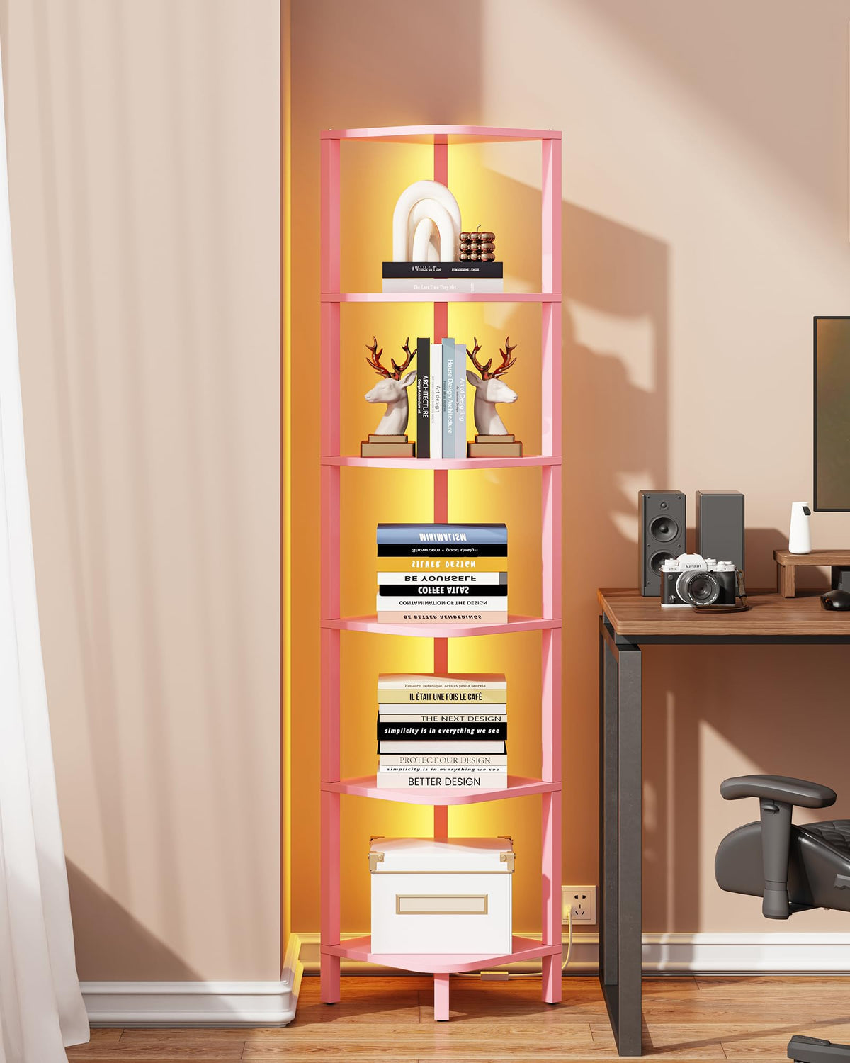 TUTOTAK Corner Shelf with LED Light, 6-Tier Corner Bookshelf
