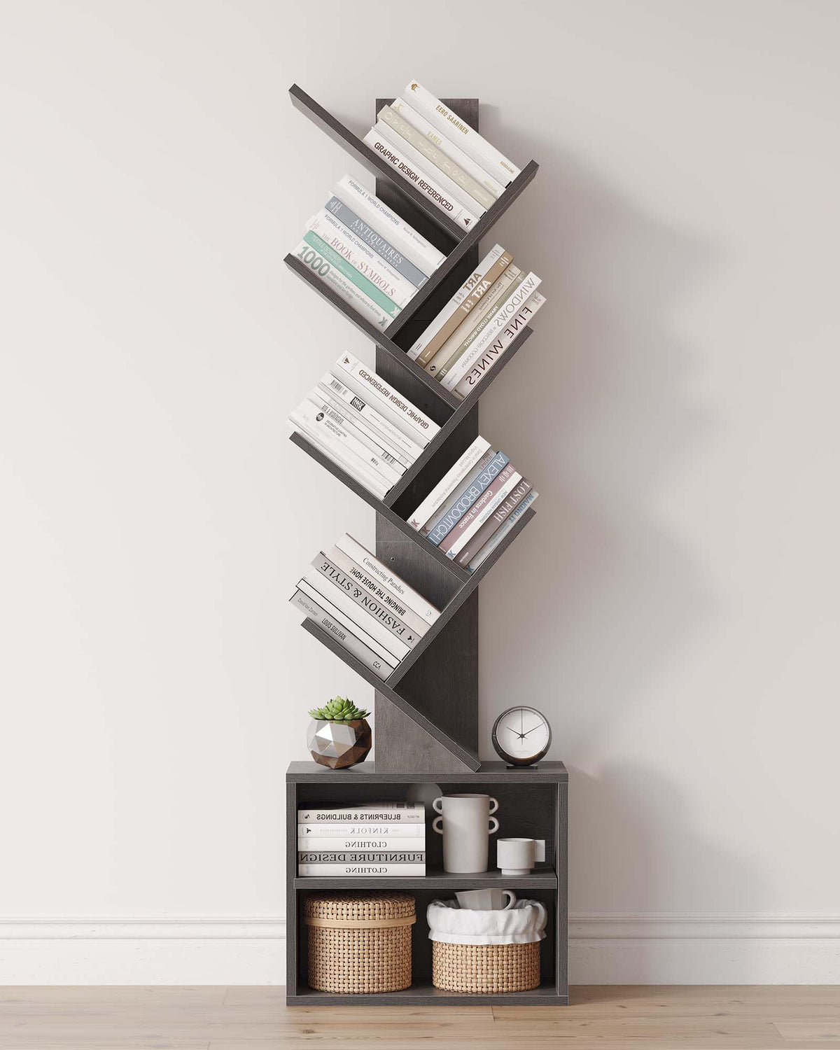 SUNMORY 6 Tier Tree Bookshelf, Tall Small Bookcase with Storage Cabinet