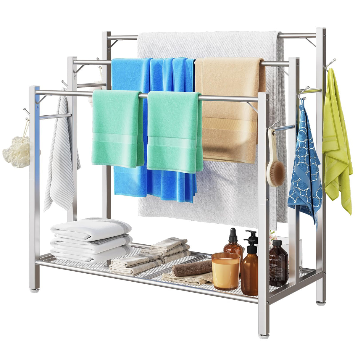 HavenlyYouth 3 Tier Towel Rack with Large Storage & 6 Hooks, Blanket Rack for Oversized Bath Towels, Free Standing Pool Towel Rack Stand for Bathroom Pool Indoor/Outdoor, 35.8" H x 31.5" L x 11.8" W