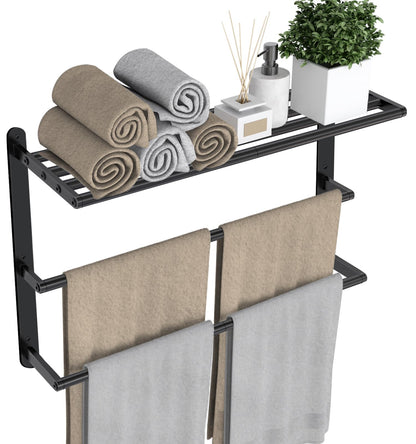VOTZAAQ Towel Racks for Bathroom, 24 in Black Towel Shelf with Double Towel Bar, 3 Tier Stainless Steel Towel Storage, Bath Towel Holder Wall Mounted for Lavatory Organizer Decor RV Camping