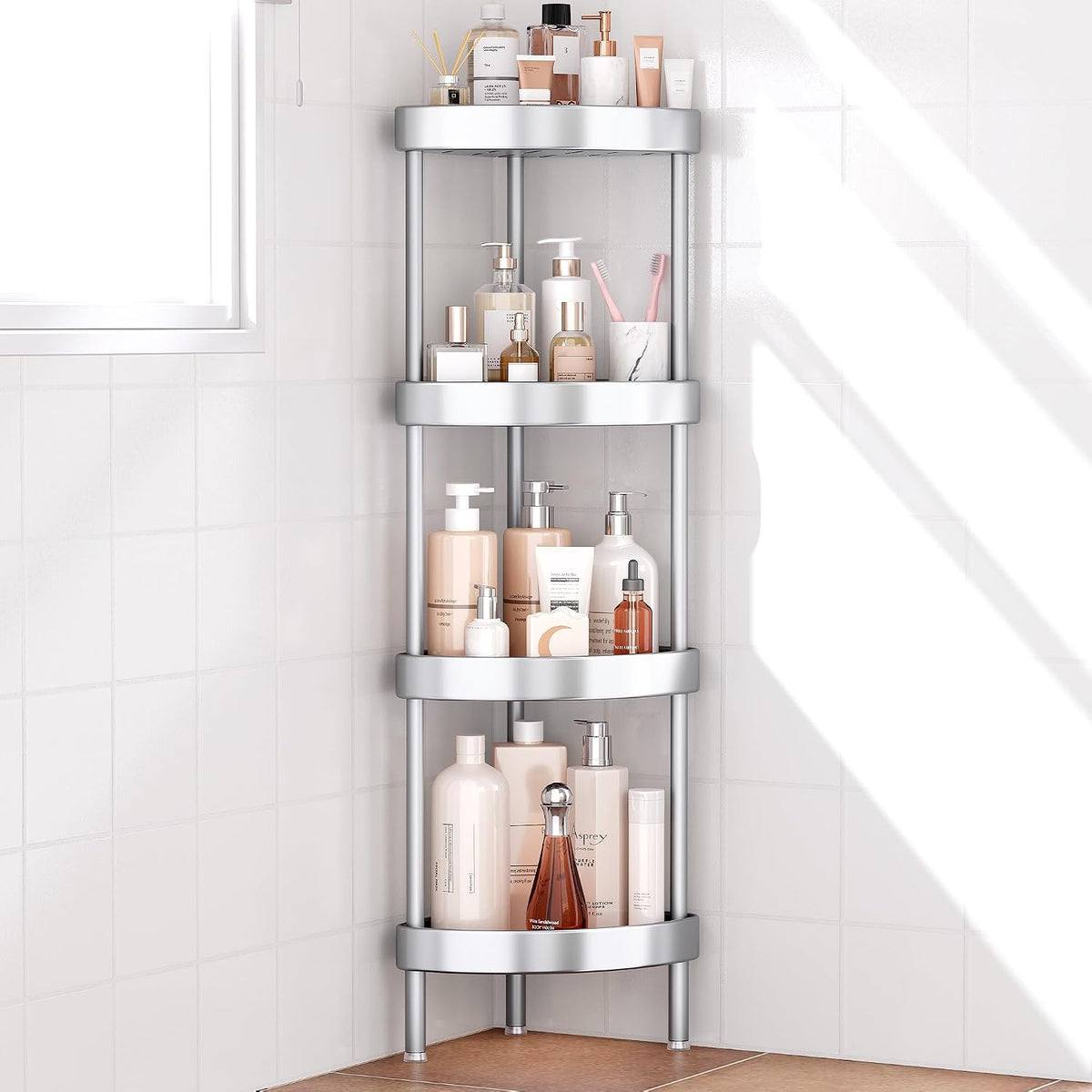 Nieifi 4 Tier Aluminum Corner Shower Caddy Standing Rustproof-Silver