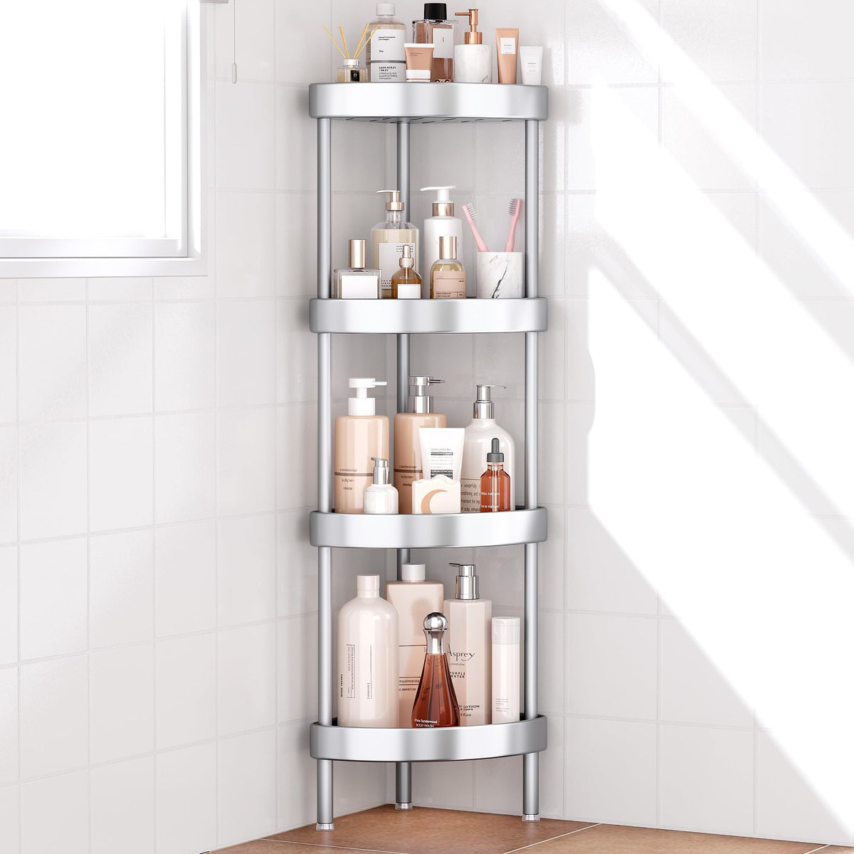 Nieifi 4 Tier Aluminum Corner Shower Caddy Standing Rustproof-Silver