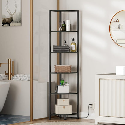 Furnulem 6 Tier Corner Shelf with LED Light, 67.5" Black Narrow Bookshelf