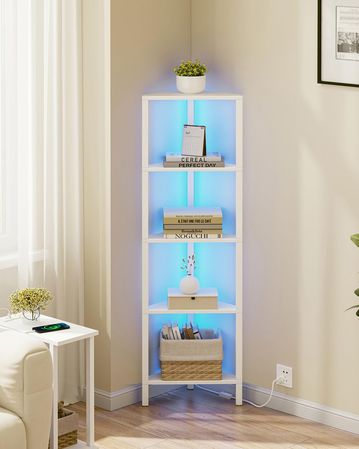 TUTOTAK Corner Shelf with LED Light, 6-Tier Corner Bookshelf